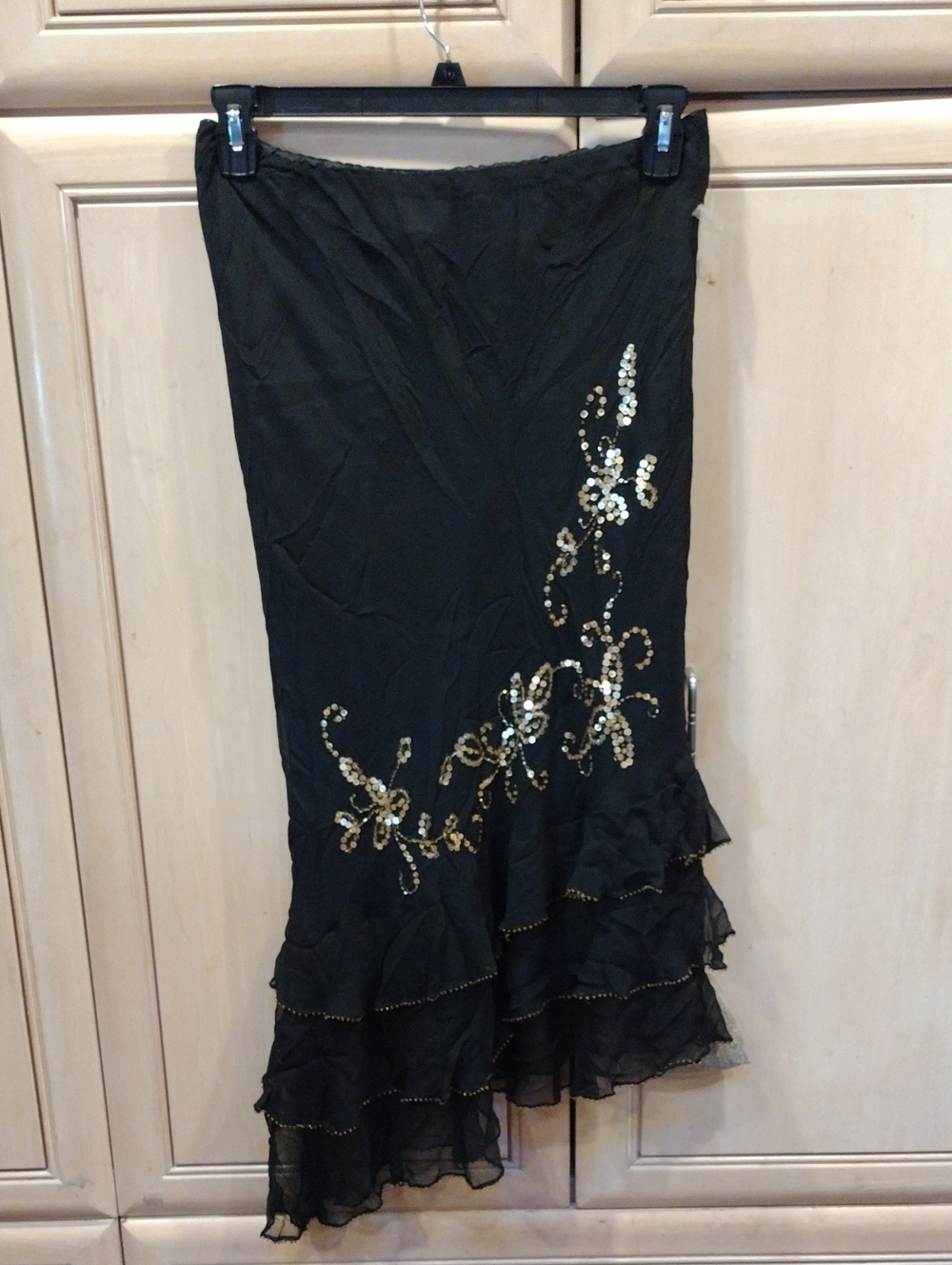 Vtg Y2K Mixit Blk Silk Ruffle Midi Skirt W/ Gold Sequins & Beads NWOT